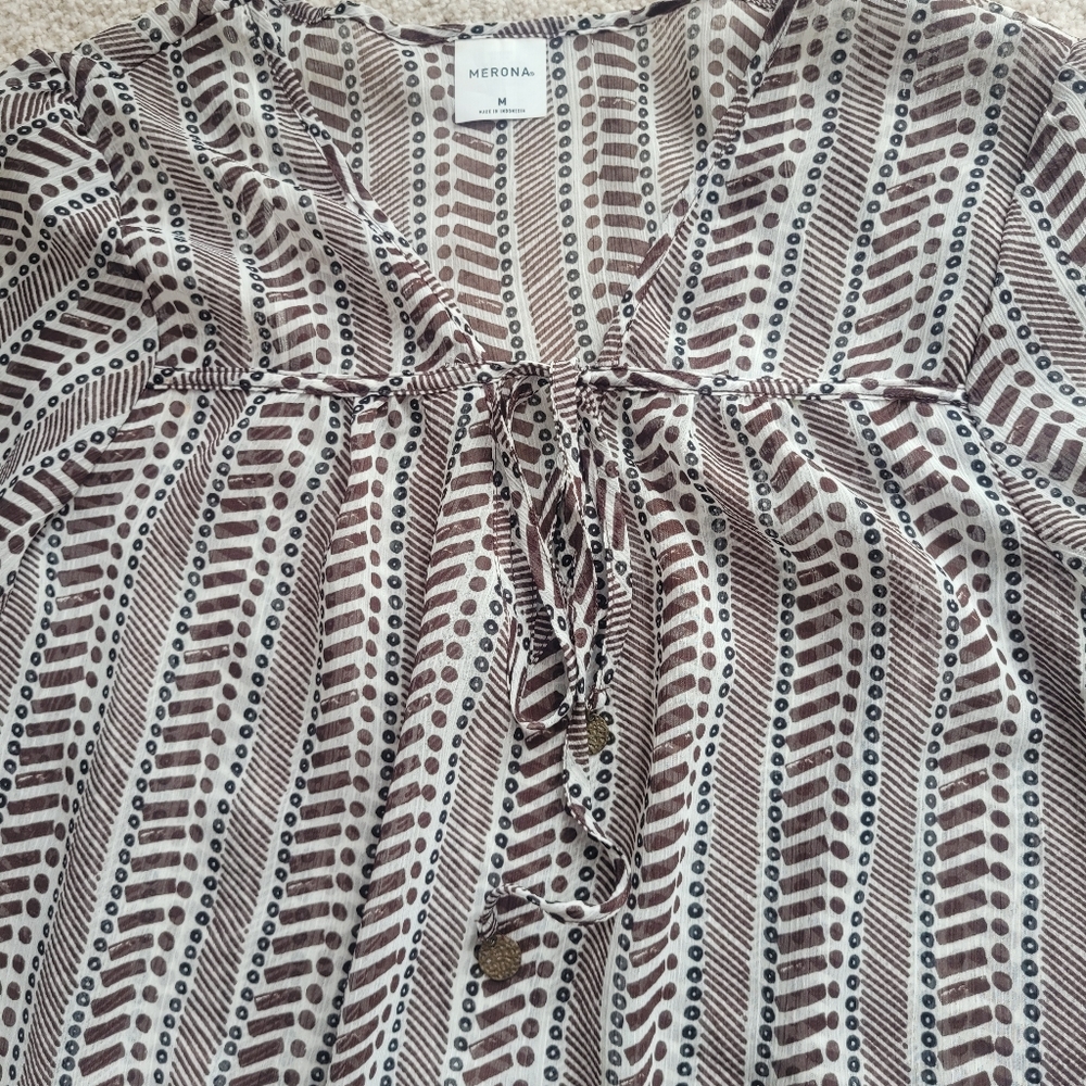 Merona Brown & White Patterned Cover-Up with Drawstring Waist  Lightweight Sz M - Picture 8 of 10